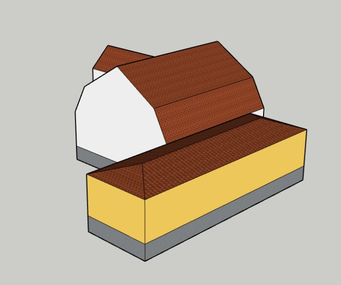 3D-modell av ett hus med utbyggnad markerad i gult, grå bas och brunt tak, visande planerad utbyggnadsdesign på den östra långsidan.