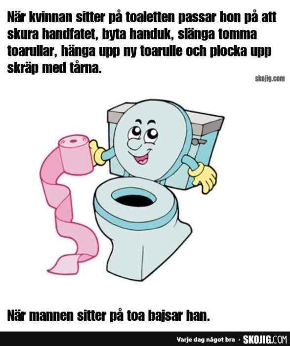 Tecknad toalett med ansikte håller i toalettpapper. Text ovan och under beskriver skillnader i hur kvinnor och män använder tid på toaletten.