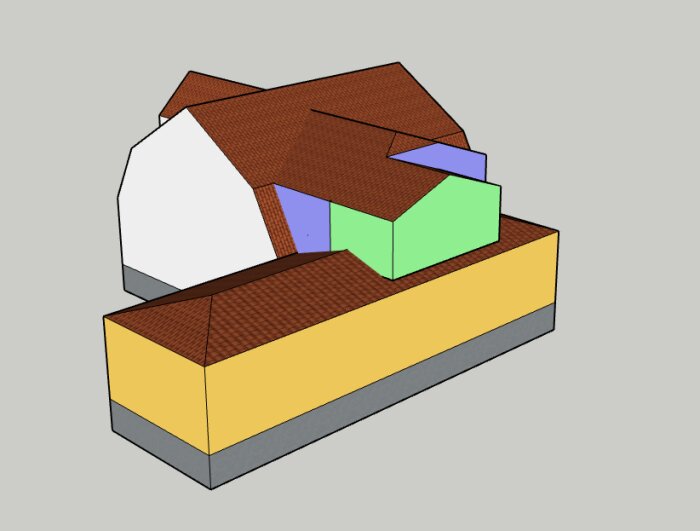 3D-modell av ett hus med färgkodade tillbyggnader: en gul volym, en grön volym, och en lila volym som visar olika planeringsalternativ.