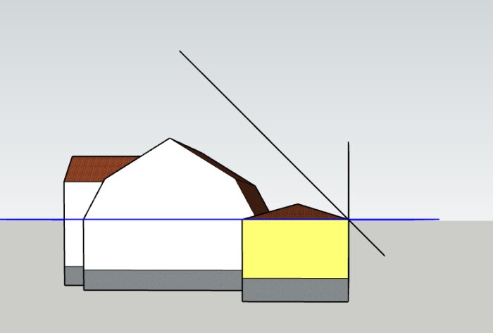 Schematisk ritning av ett hus med en tillbyggnad i gult. Blå och svarta linjer visar plan för byggnadshöjd och fasad enligt plan.