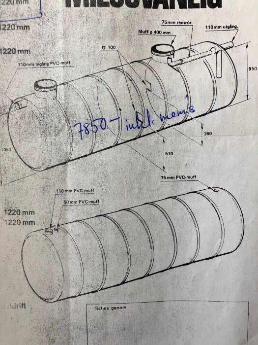 Skiss av trekammarbrunn med olika mått angivna, inklusive 75 mm rensrör och 110 mm utgång. Texter och siffror skrivna i bläck på skissen.
