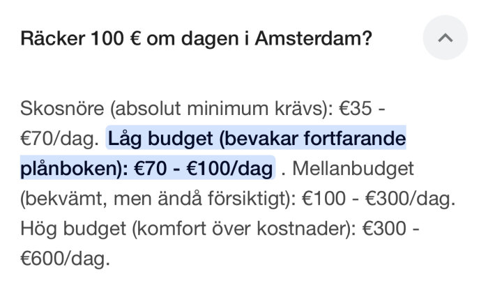 Text om dagsbudget i Amsterdam: skosnöre €35-€70, låg budget €70-€100, mellanbudget €100-€300, hög budget €300-€600, markering över låg budget.