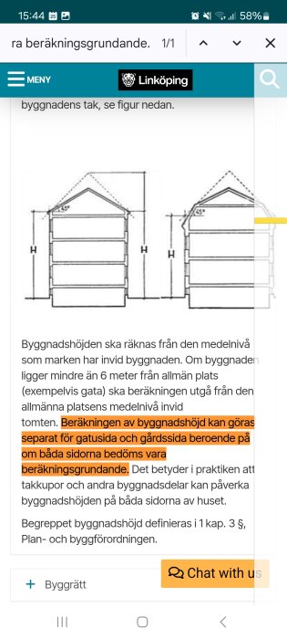 Diagram som visar beräkningen av byggnadshöjd med olika fasader; text från Linköpings kommun om regler för beräkningsgrundande fasader.