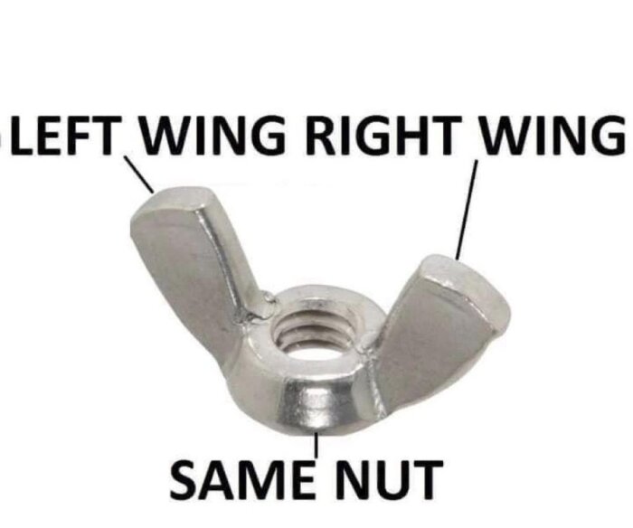 Vingmutter märkt "LEFT WING", "RIGHT WING" och "SAME NUT", anspelande på politiska partier.