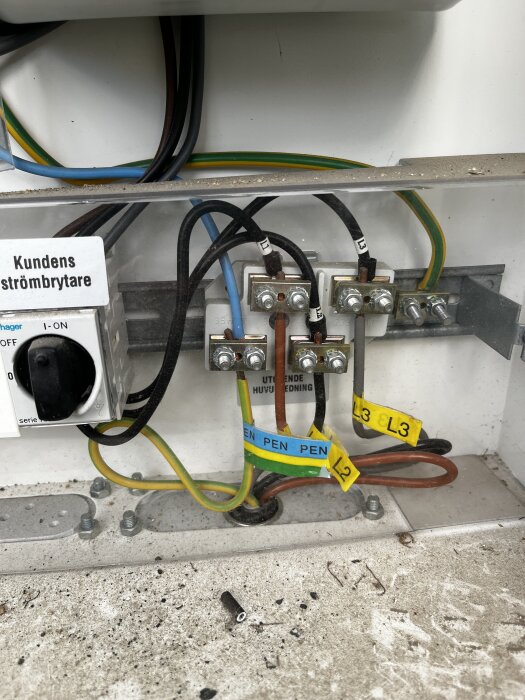 Elcentral med flera kablar och kopplingar, märkta med L2 och L3. Kundens strömbrytare syns till vänster, samt smuts och skräp på underlaget.