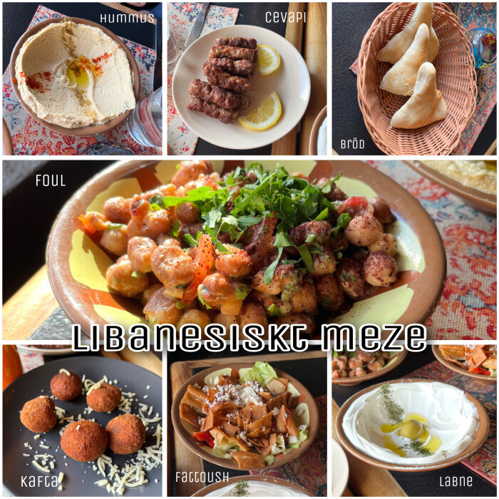 Libanesiskt meze med rätter som hummus, cevari, foul, bröd, kafta, tabbouleh, och labne, presenterade i olika skålar och fat.