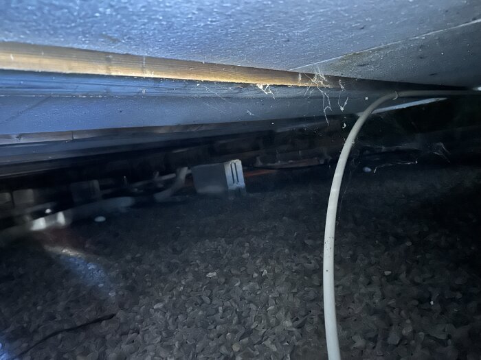 Krypgrund med trossbottenbrädor och kablage, delvis mörkt. Visar detaljer kring potentiell mikrobiell påväxt och användning av tryckt virke.