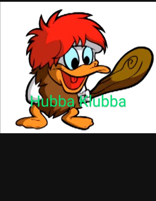 Tecknad figur med rött hår och klubba i handen, med texten "Hubba Klubba" över bilden.