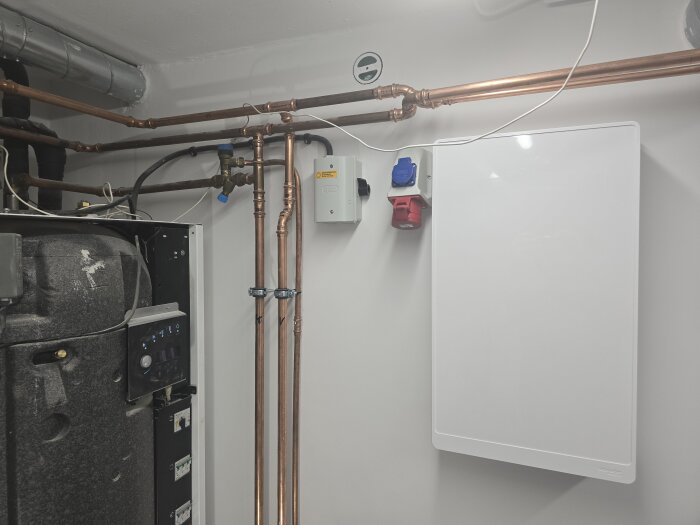 Pannrum med kopparrör, elcentral, och täckmålad vägg. En del av värmesystemet syns till vänster med grå isolering och kabeldragningar.