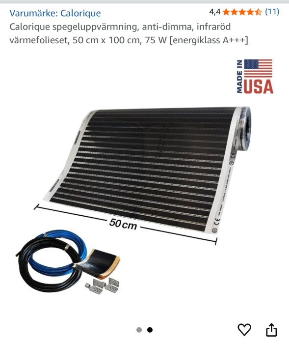 Spegeluppvärmare Calorique, 50x100 cm, 75W, levereras med kablar och monteringsdetaljer, tillverkad i USA.
