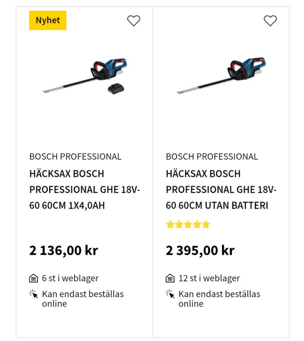 Bosch häcksax GHE 18V-60 med och utan batteri, pris 2136 kr respektive 2395 kr, står angivna med bilder och text på en webbsida.
