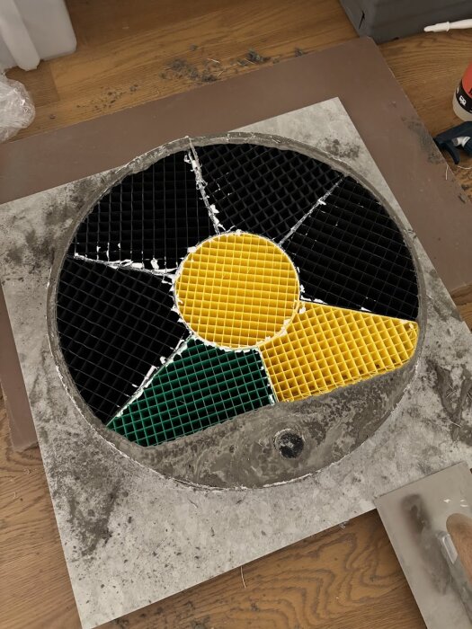 3D-printad form för handfat, färdig att gjutas med fiberarmerat flytspackel. Formen är cirkulär med färgglada sektioner.