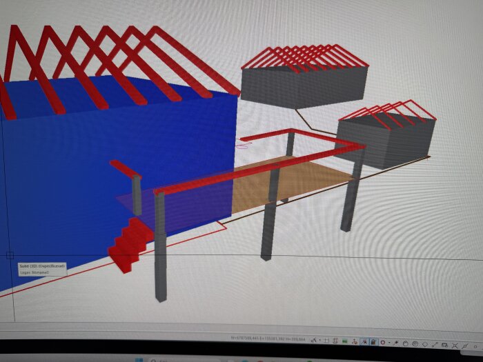 3D-modell av byggprojekt med altan och takkonstruktioner, visar olika perspektiv och uppställningar.