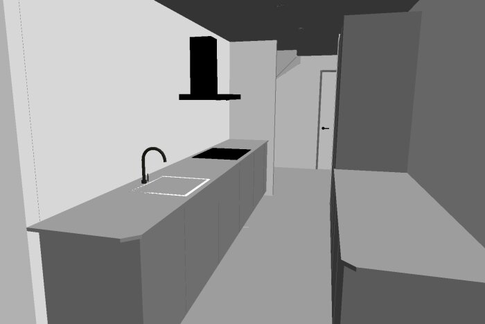3D-rendering av ett modernt kök med minimalistisk design, gråa bänkskivor, inbyggd spishäll, diskho och köksfläkt.