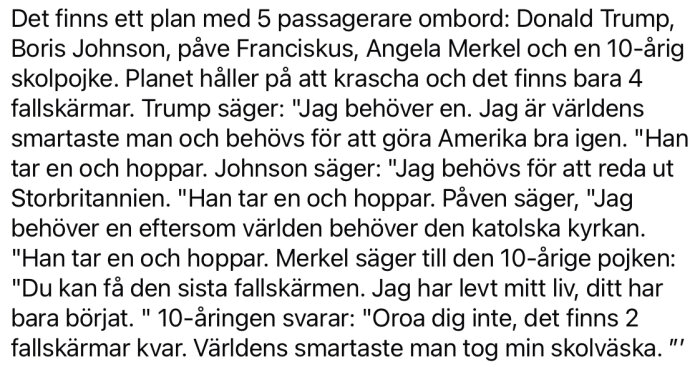 Text om fem passagerare på ett flygplan med fyra fallskärmar. En ironisk dialog om deras behov av fallskärmar innan planet kraschar.