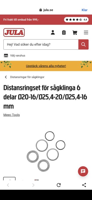 Distansringset för sågklinga med 6 delar från Meec Tools, med olika dimensioner.