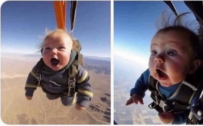 Två bilder av en glad bebis som ser ut att hoppa fallskärm, först skrattande och sedan förvånad, med vida vyer av landskap i bakgrunden.