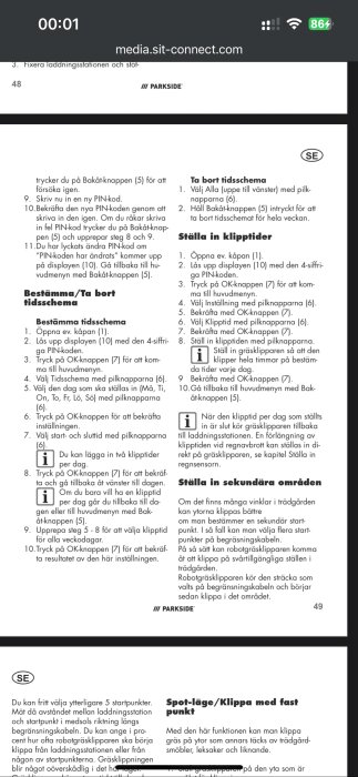 Instruktionssida ur en manual från Parkside om hur man ställer in tidsschema och klipptider för en robotgräsklippare.