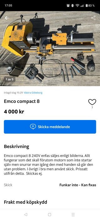 Gul svarv Emco Compact 8 med tillbehör placerad på träplanka, säljes för 4 000 kr.