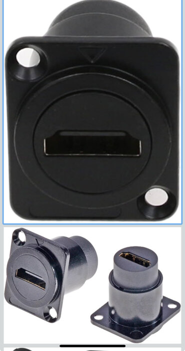 Svart HDMI adapter hona till hona med två monteringshål, visas från olika vinklar.