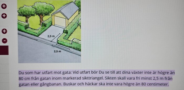 Illustration av infart med häckar och garage. Text förklarar hur häckar inte bör överstiga 80 cm i höjd inom 2,5 m från gata för att säkerställa fri sikt.