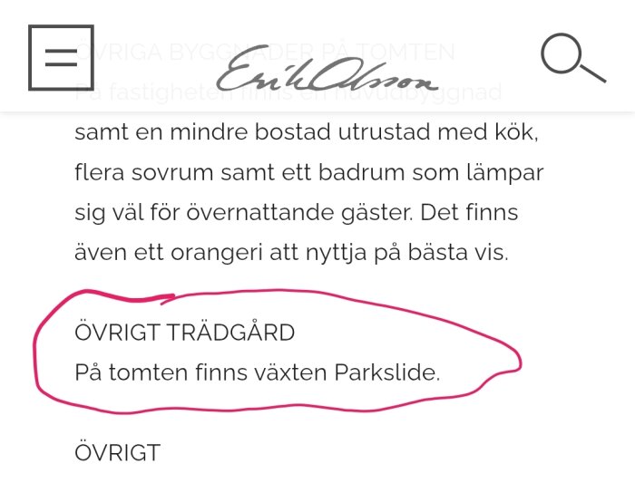 Text om fastighet med växten Parkslide markerad i rött.