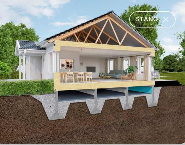 Illustration av Älvsbyhus krypgrund med isolerat bjälklag och inredning, visar tekniska lösningar och husets konstruktion ovanpå grunden.
