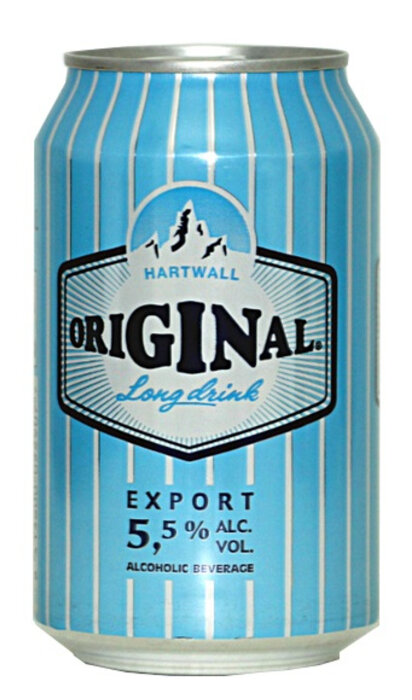 Blå burk med Hartwall Original Long Drink, 5,5% alkoholvolym.
