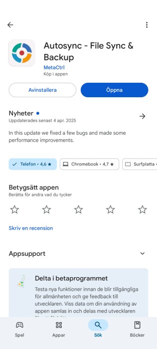 Appbutikssida för appen Autosync - File Sync & Backup med uppdateringsinformation, betyg och alternativ för att avinstallera eller öppna appen.