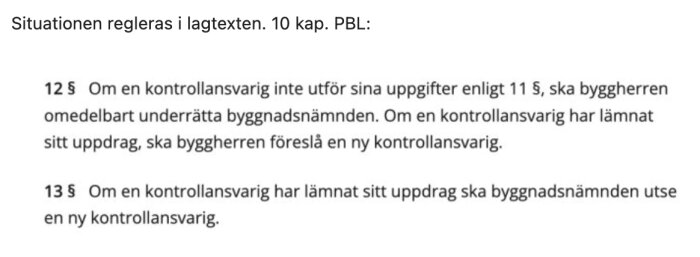 Text från plan- och bygglagen, 10 kapitel, med regler om kontrollansvariges skyldigheter enligt 12 § och 13 §, inkluderar underrättelse och ny kontrollansvarig.