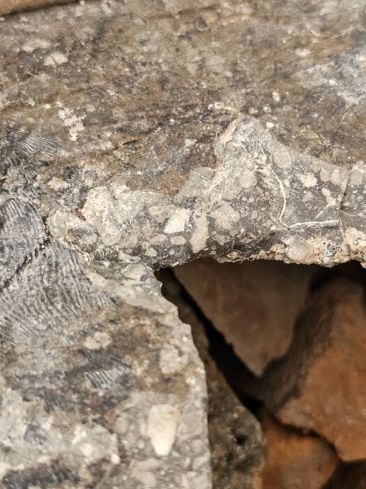 Bilden visar en närbild av en sten- eller betongplatta med en ojämn, texturerad yta och en spricka som blottar underliggande material.