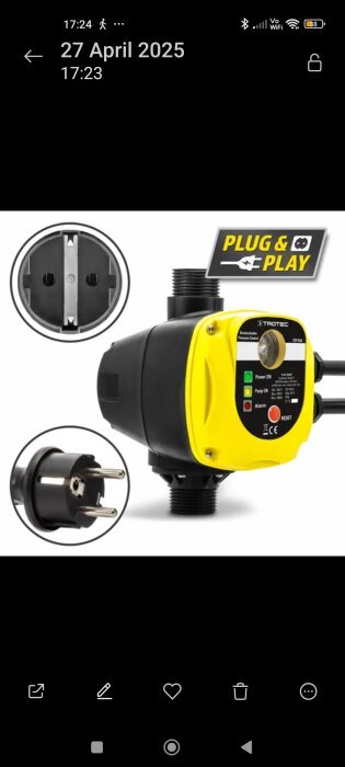 Pump med tryckmätare och elkabel, märkt 'Plug & Play', visas med närbild på eluttag och kontakt.