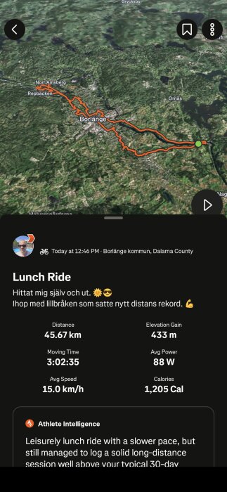 Karta över en cykelrutt runt Borlänge, visas med orange linje. Statistik: 45.67 km, 433 m höjd, 3 timmar, 15 km/h, 88 W och 1205 cal.
