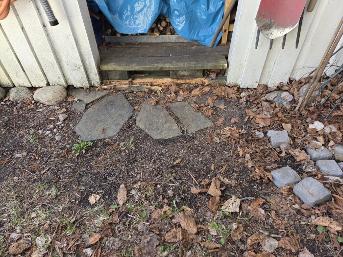 Mark framför en bod, täckt med löv och stenar, visar ojämn terräng och möjlig markhöjning. En blå presenning och trädgårdsredskap syns vid bodens öppning.