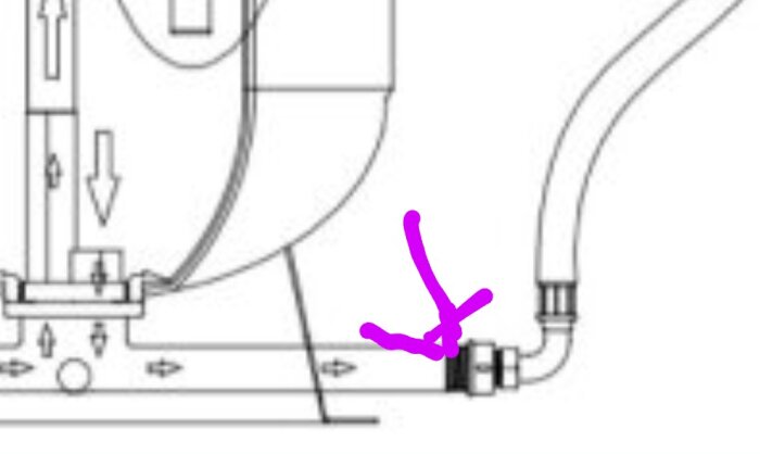 Ritning av en avtappningsventil på en tank med en rosa markering vid slangen.