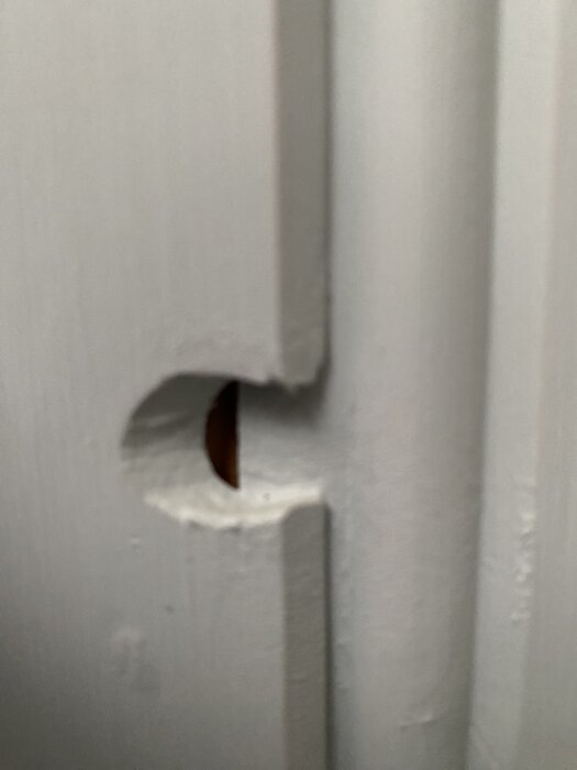 Hål i ett vitt tak, huset byggt 2010, med funderingar kring att kontakta Anticimex eller använda spackel.