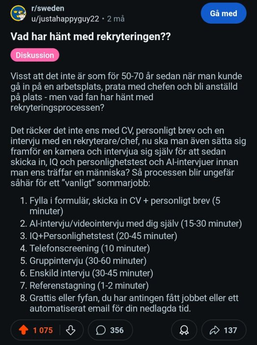 Bild av ett Reddit-inlägg som ifrågasätter moderna rekryteringsprocesser, med steg-för-steg-beskrivning av en komplex jobbansökningsmetod.
