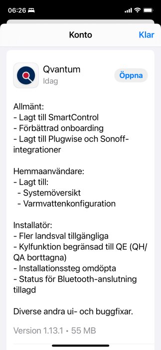 Qvantum uppdateringslogg visar nya funktioner som Plugwise och Sonoff-integrationer, SmartControl, förbättrad onboarding och fler användarfunktioner.