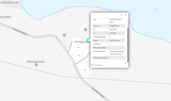 Karta över markerat område vid Annagruvan, Norrtälje. Textinnehåll beskriver identifiering och riskklass för gruv- och upplagsverksamhet.