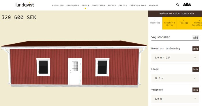 Röd byggsatsstuga med vita fönster och dörr från Lundqvist, pris 329 600 SEK.