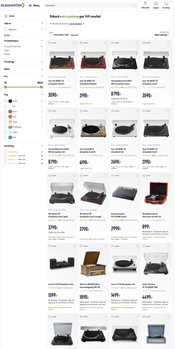 Bild av Elgigantens webbsida med sökresultat för "skivspelare" som visar flera olika modeller och priser från en onlinebutik.