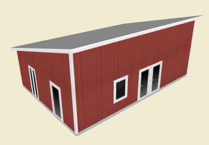 Rött hus med pulpettak, en dörr och flera fönster.