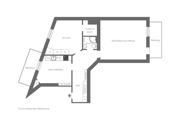 Planskiss över lägenhet med sovrum, walk in closet, badrum, kök, matsal och balkonger, som stöd för badrumsrenovering.