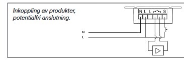 Diagram över koppling av nexa-mottagare med potentialfri anslutning, visar kopplingsschema med anslutningar för N, L, S och symboler för kontakter.