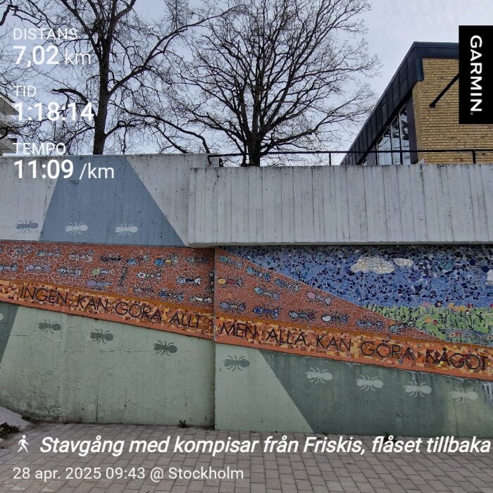 Väggmålning med mosaik och text "Ingen kan göra allt men alla kan göra något" vid trottoar och betongvägg, vinterträd i bakgrunden.