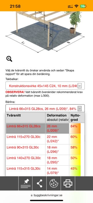 Illustration av trästrukturs konstruktion med mått och materialval. Tabellen visar deformation och nyttograd för olika limträalternativ.