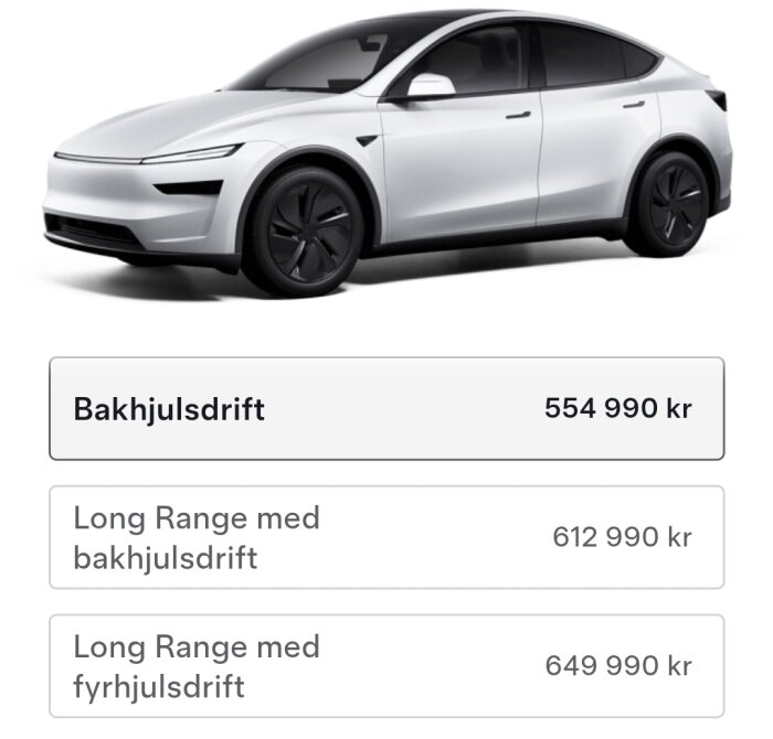 Vit elbil med specifikationsalternativ och priser för bakhjuls- och fyrhjulsdrift, samt två Long Range-alternativ.