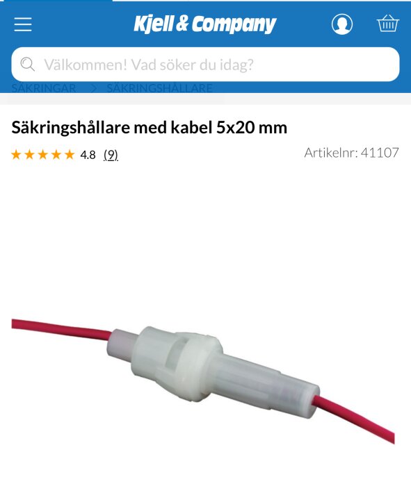 Säkringshållare med röd kabel, 5x20 mm, från Kjell & Company, visas i ett produktfoto.