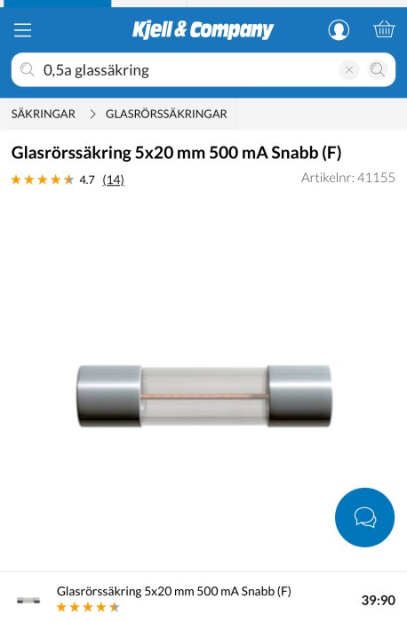 Glasrörssäkring 5x20 mm 500 mA snabb, certifierad för användning i elektriska installationer som värmefolie.