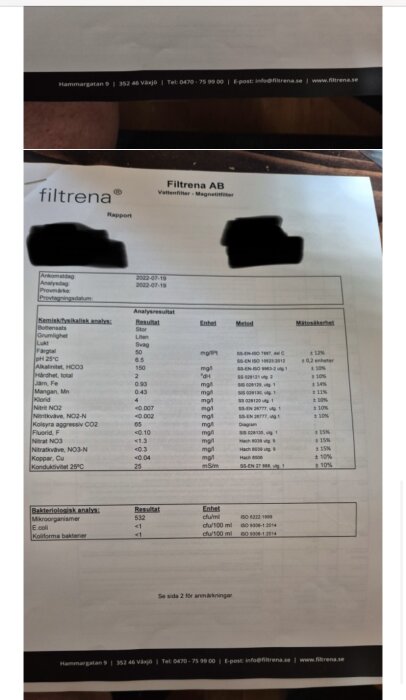 Bild på en vattenanalysrapport från Filtrena AB som visar kemiska och bakteriologiska resultat inklusive grumlighet, pH-värde och mikroorganismer.